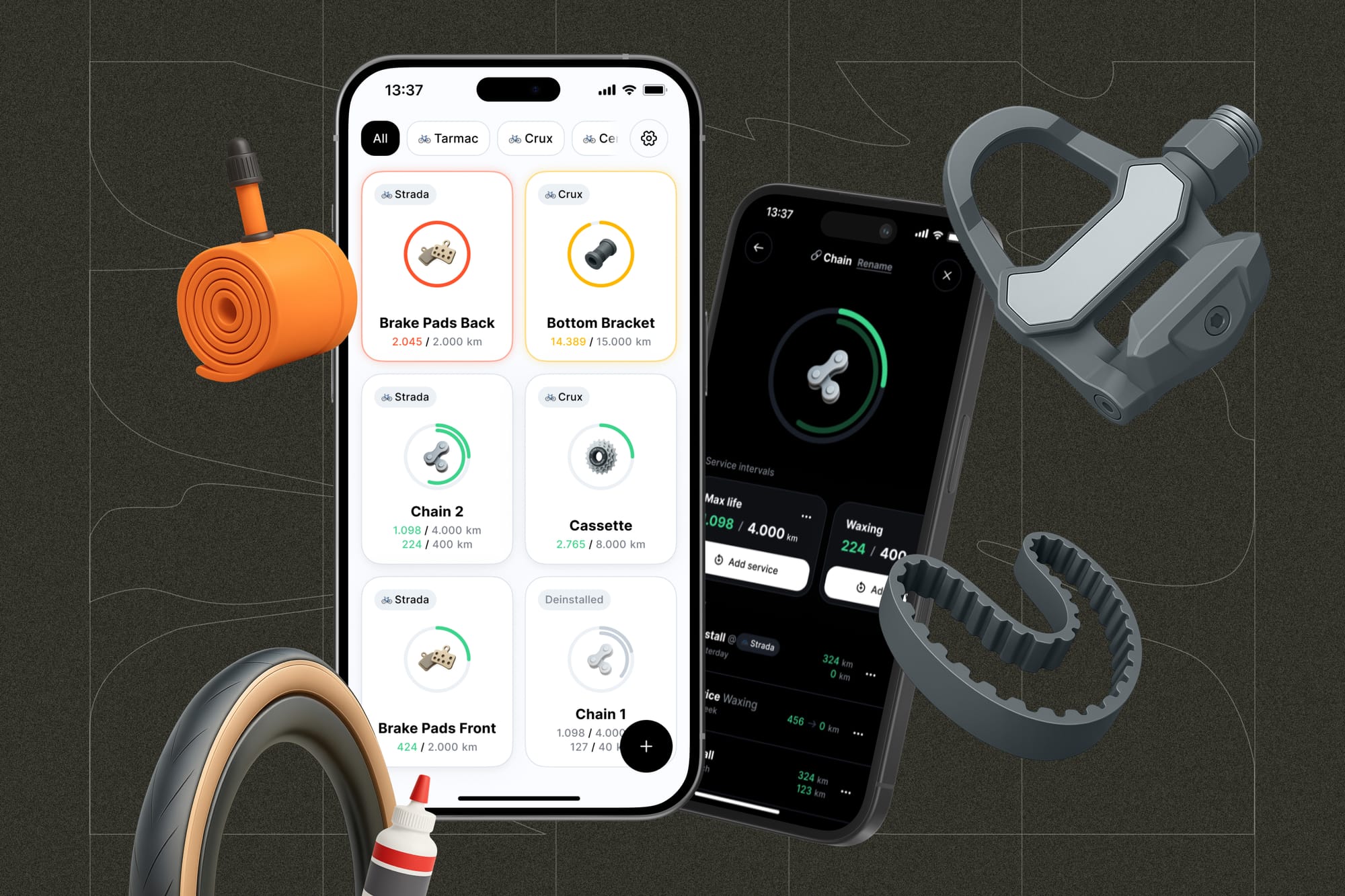 Two iPhone screens showing Geer's bike-part cards, surrounded by 3D-rendered bike components