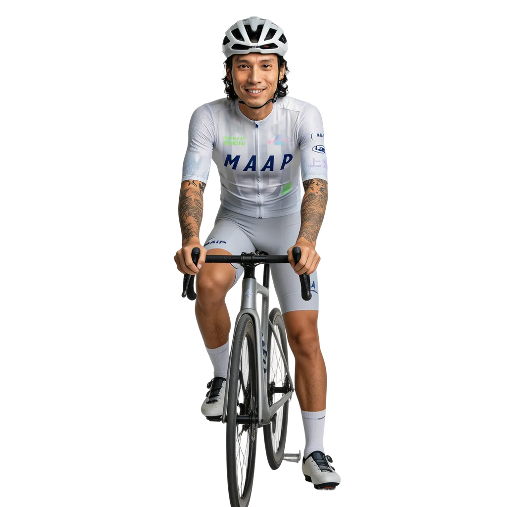 Mike, a hobby cyclist wearing a MAAP jersey and helmet